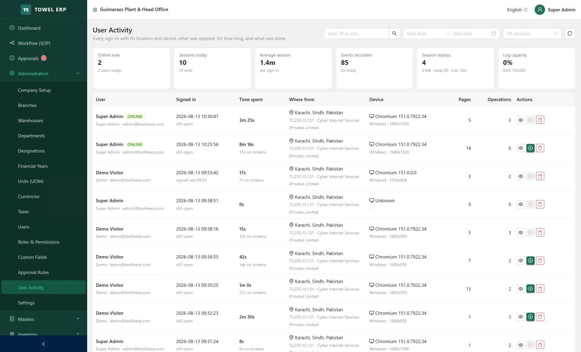 Activity Tracking & Session Replay screen in Fugen ERP