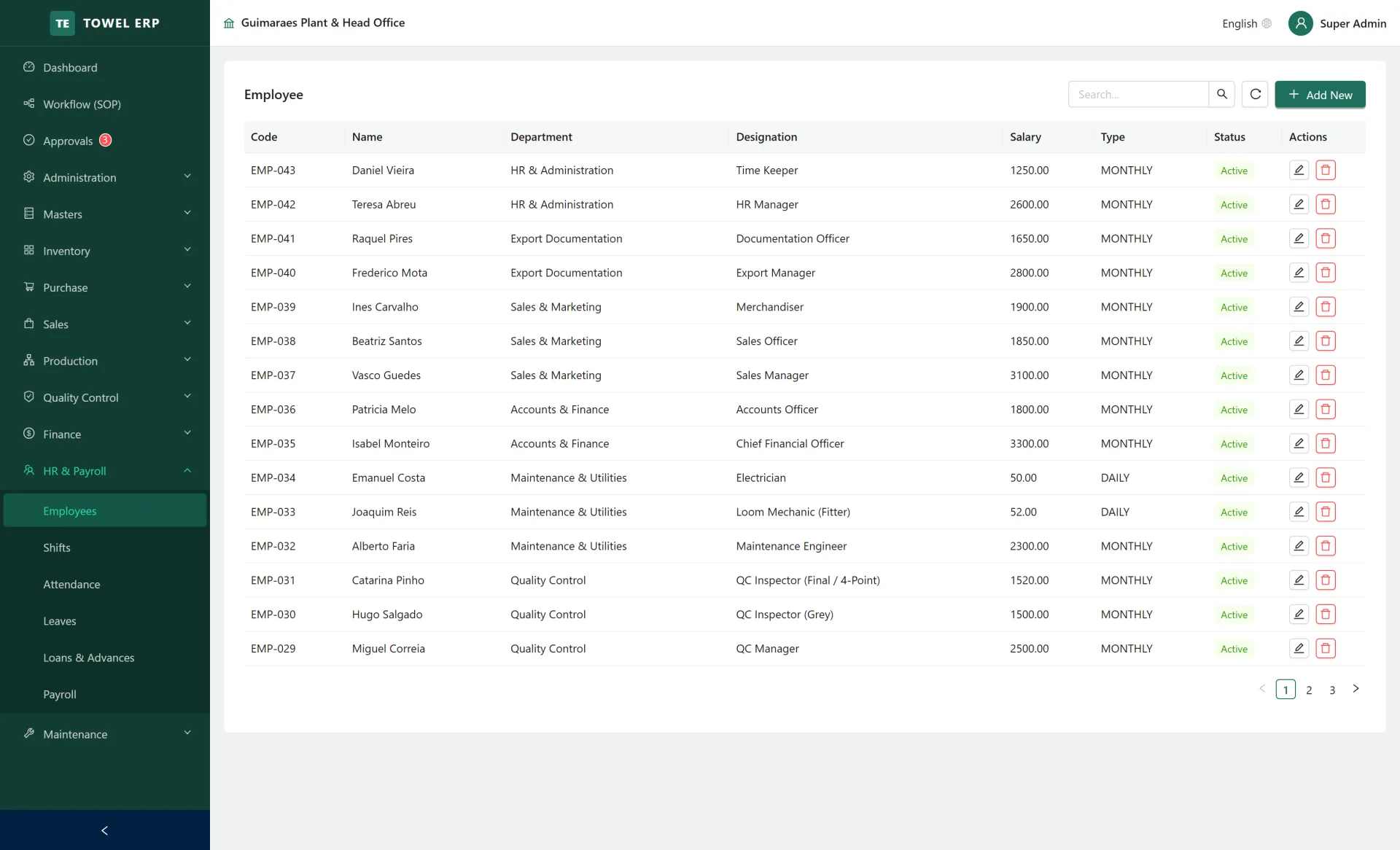 Employee master — Departments, designations, shifts and salary structure.