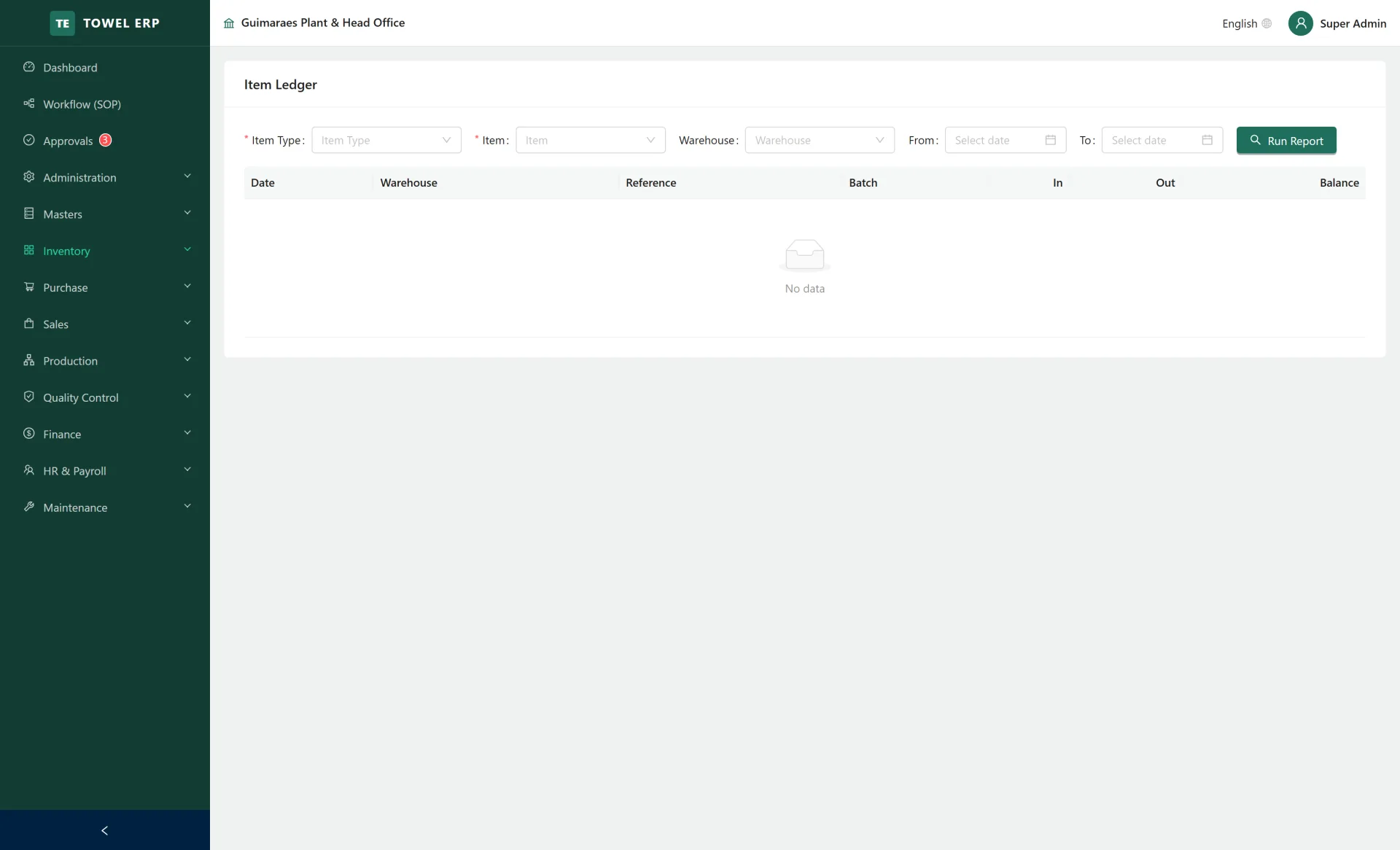 Item ledger — Every movement of an item with running quantity and value.