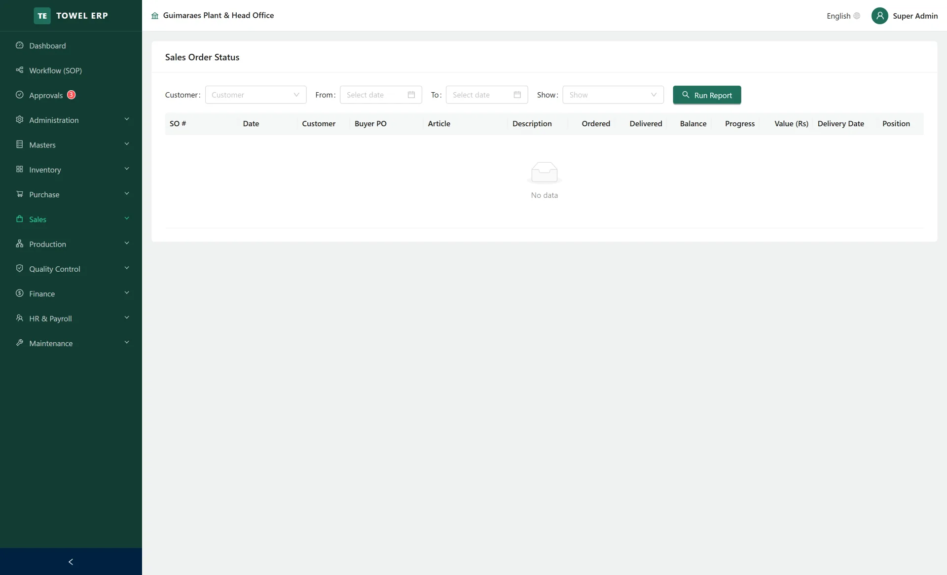 Order status report with pending quantities and overdue lines
