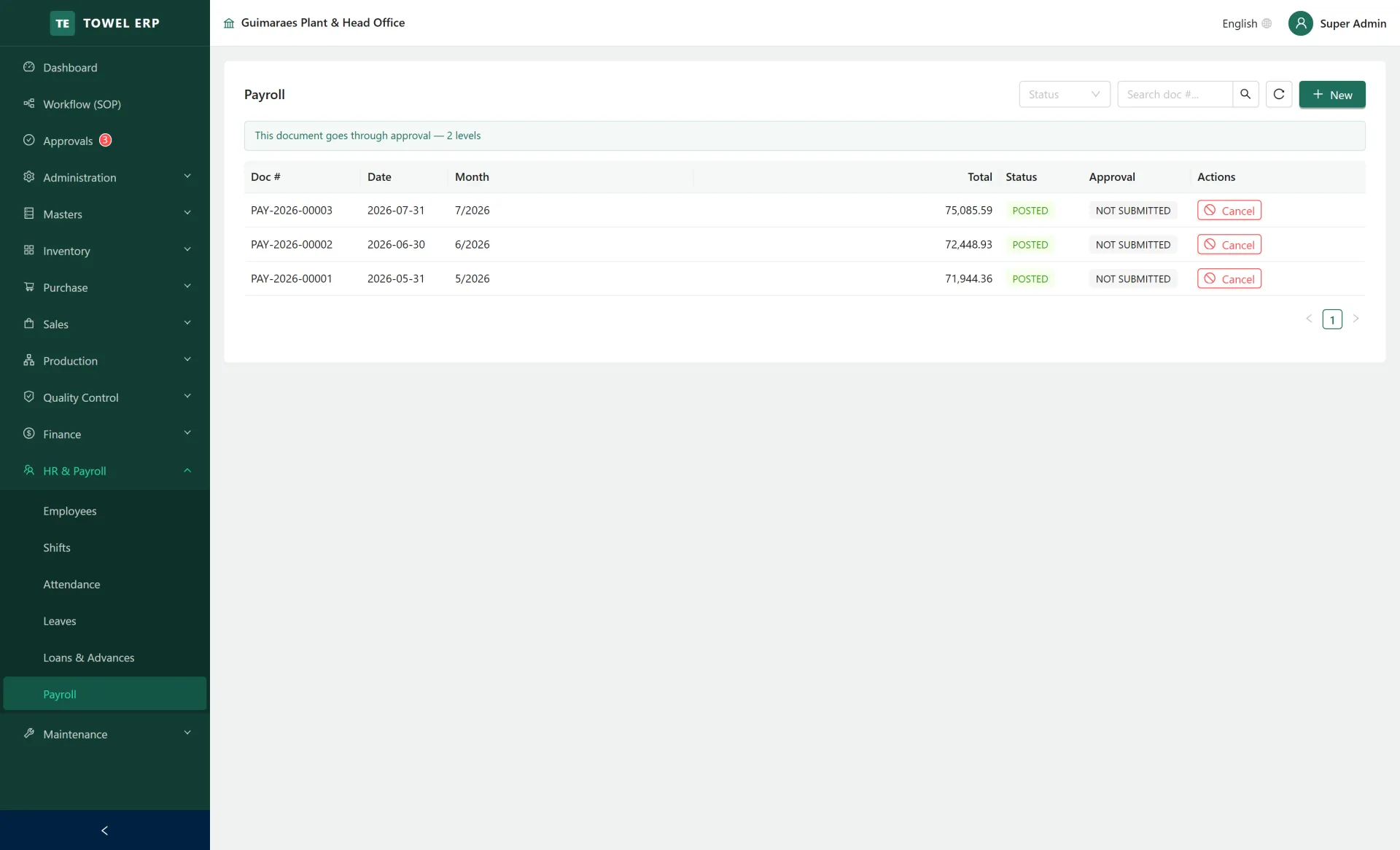 Payroll run — Monthly, daily-wage and piece-rate staff in one payroll.