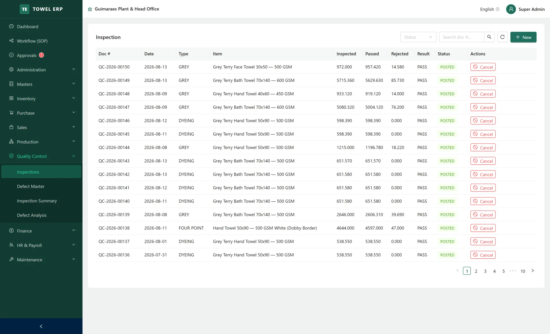 Quality Control screen in Fugen ERP