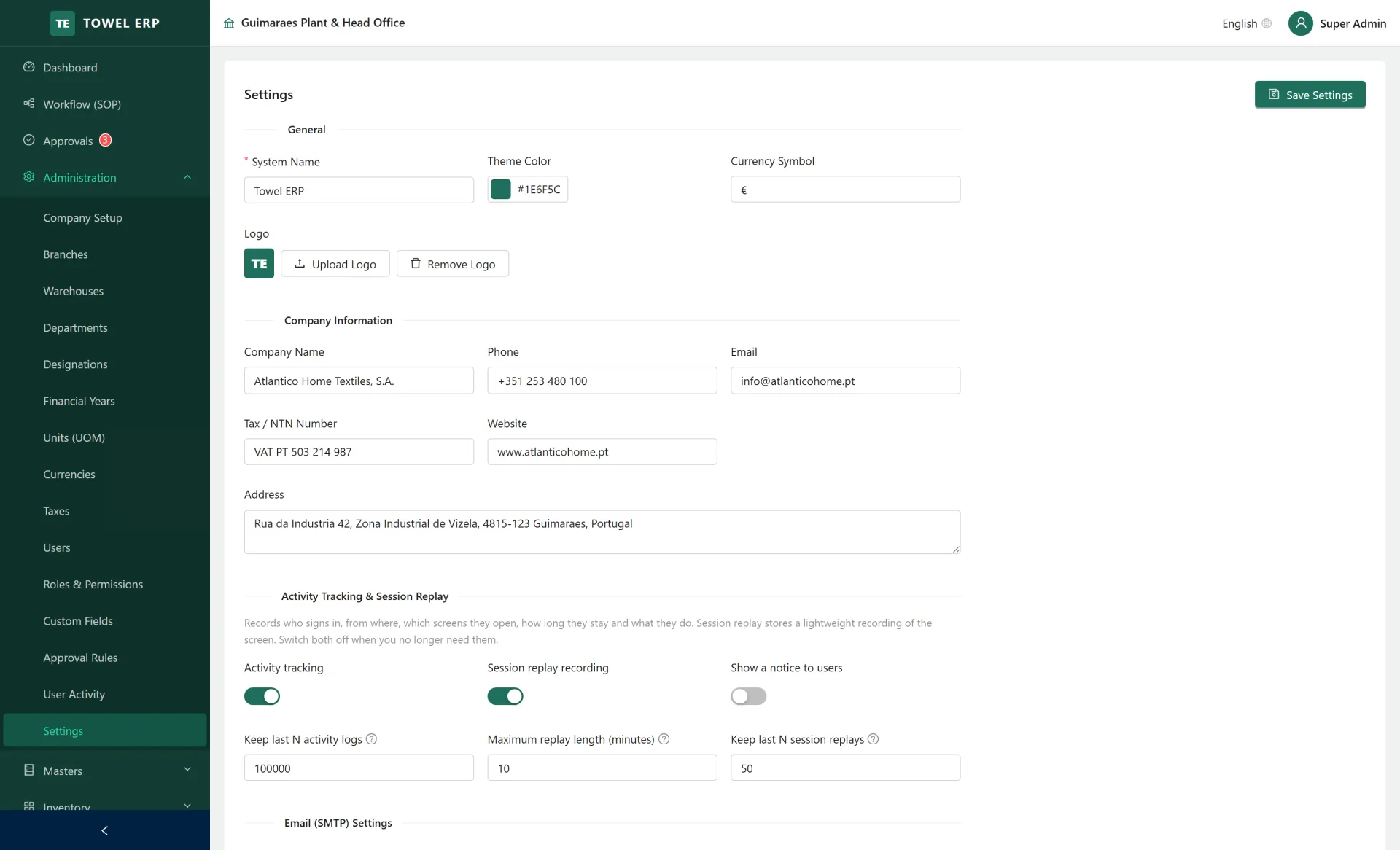 System settings — Branding, currency, tracking and retention controls.